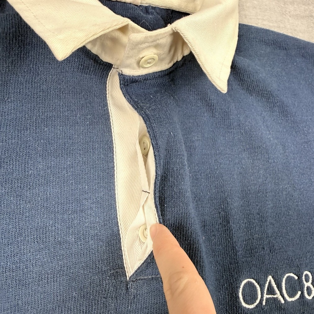 Vintage 80s Rugby Polo Mens Medium Navy Blue Striped Ontario Agriculture School - Picture 4 of 11